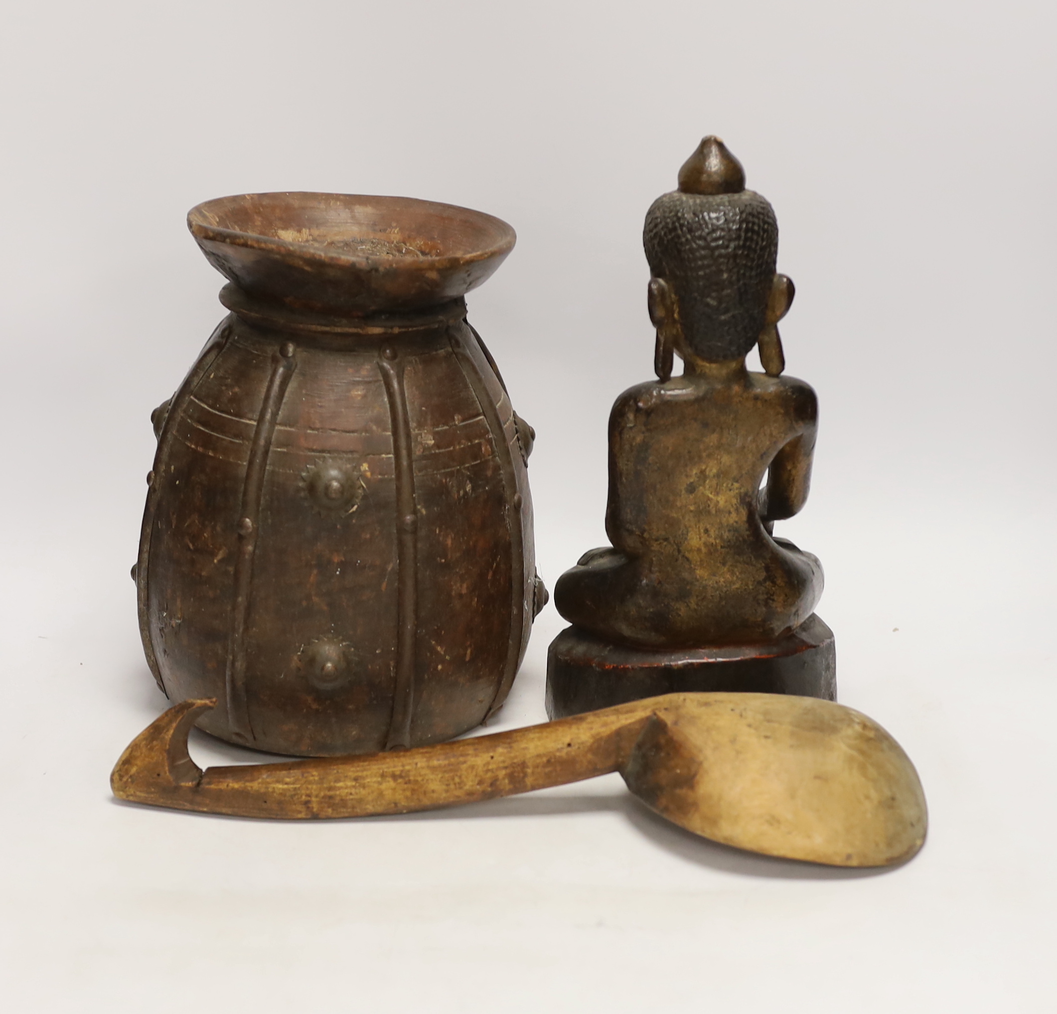 A Burmese lacquered wood figure of Buddha with traces of gilding, 28.5cm, and two other wooden items